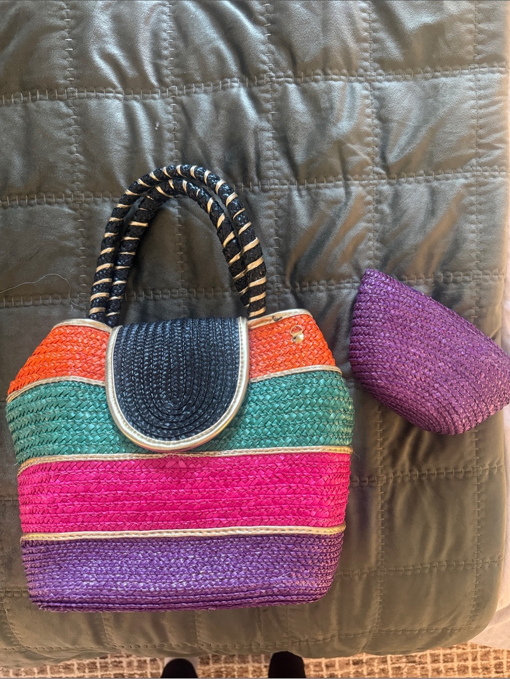 Vintage Multicolor Straw Tote with Purple Coin Pouch